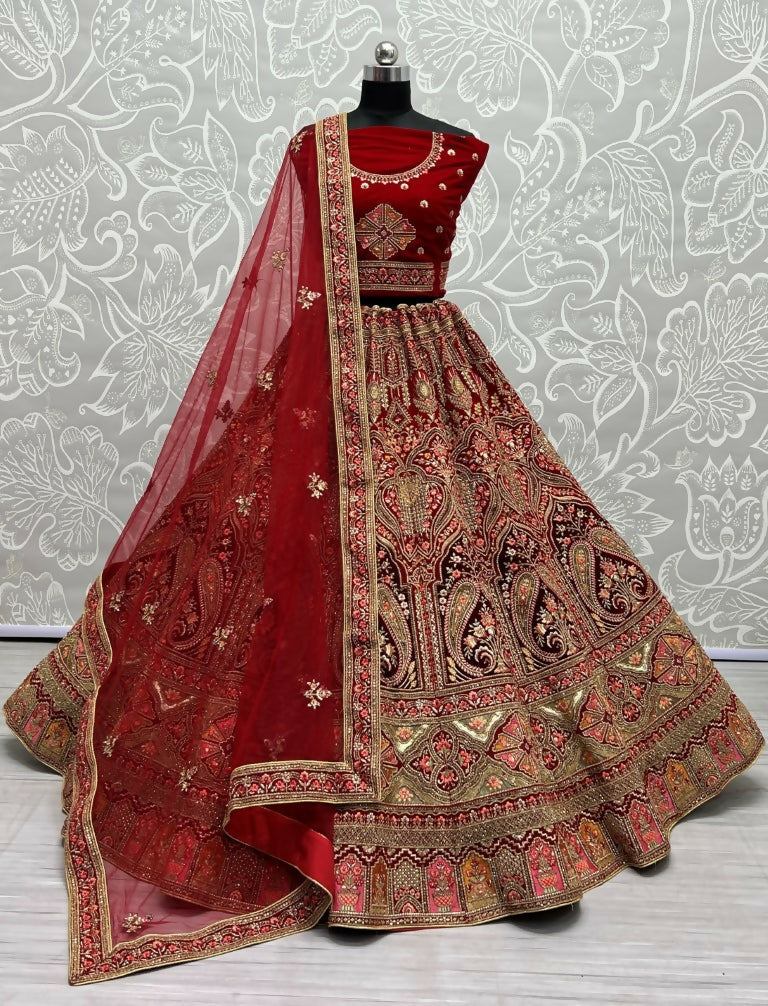 Jyoti Fashion Women's Red Velvet Multi Thread Embroidered with Zircon Diamond Wedding Lehenga Choli