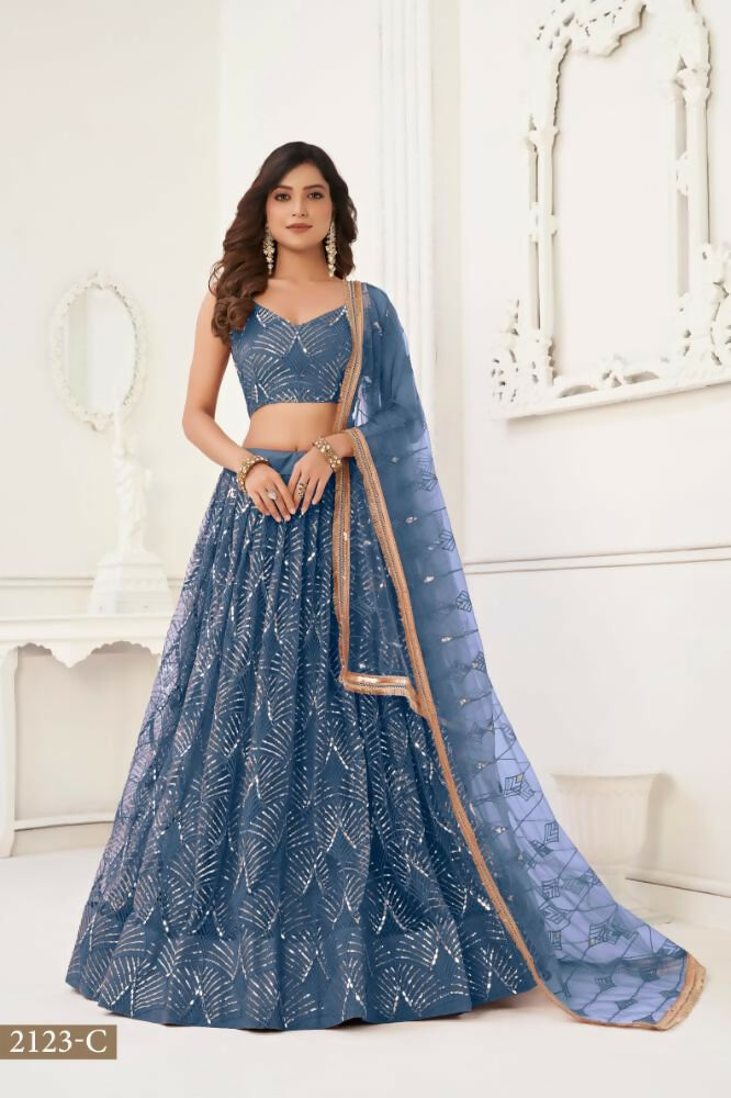 Aastha Fashion More Peach Butterfly Net Tone To Tone Thread Work, Sequence Work And Original Mirror Work Embroidery Wedding Wear Lehenga Choli