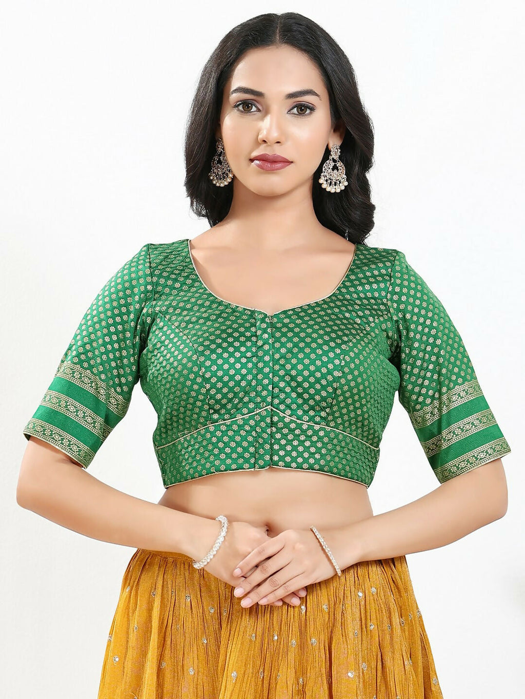 Joban Fashion Green Brocade Padded Blouse With Round Neck Elbow Sleeves - Distacart