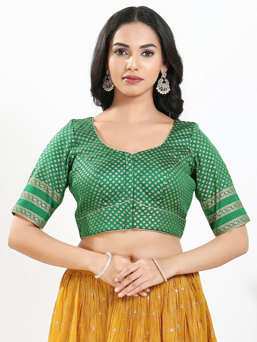 Joban Fashion Green Brocade Padded Blouse With Round Neck Elbow Sleeves - Distacart