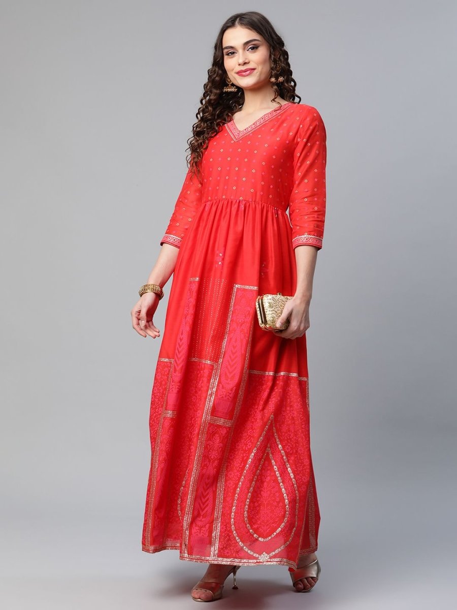 Ahalyaa Women Red Chanderi Khari Printed Dress - Distacart