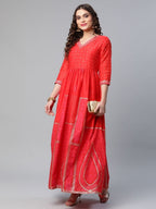 Ahalyaa Women Red Chanderi Khari Printed Dress - Distacart