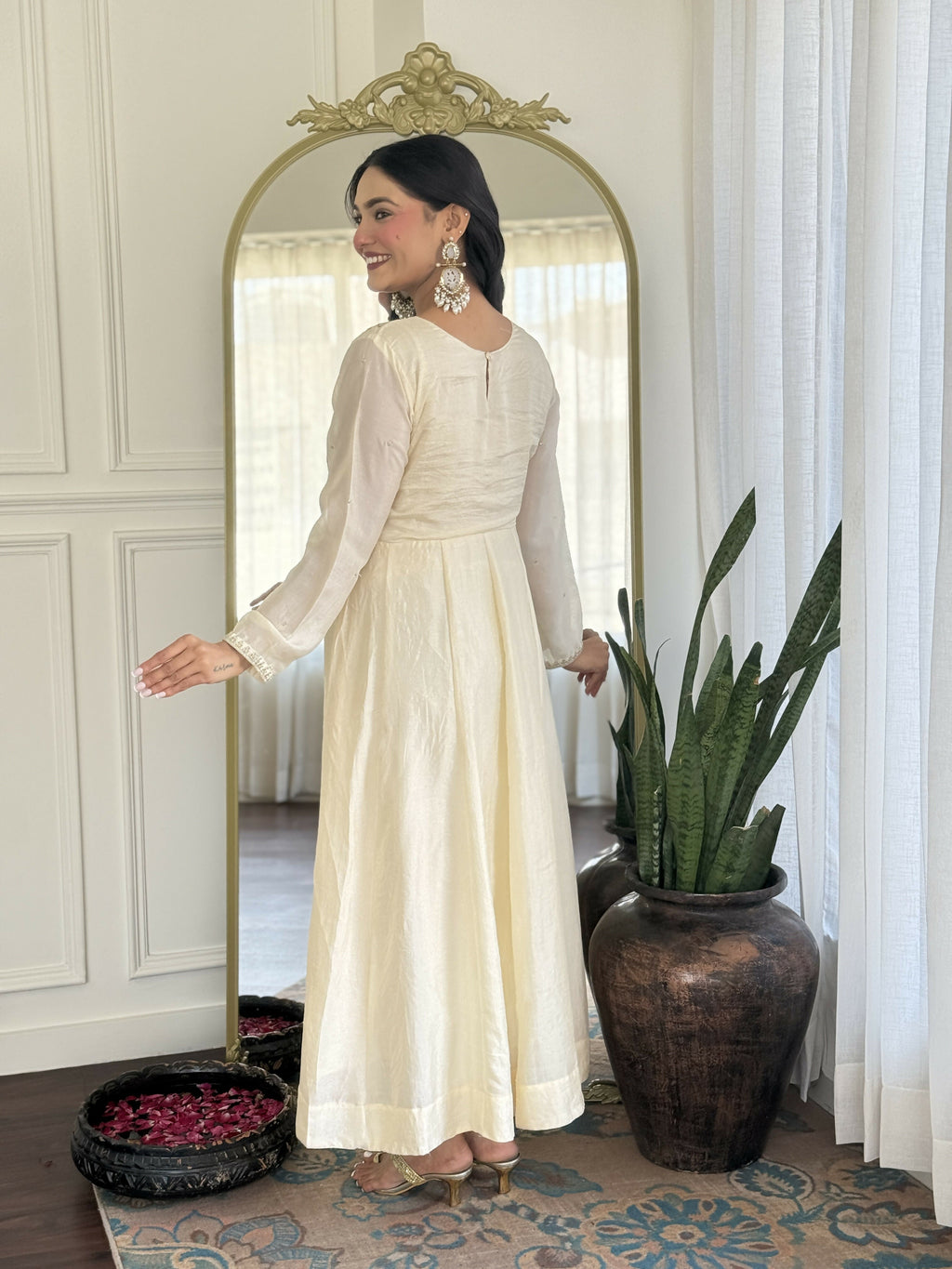 The52 CreamWomen's Gorgeous Embroidered Vichitra Silk Fabric Flared Kurta Pant with Dupatta Set - Distacart