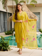 The52 Yellow Embroidered Rayon Slub Fabric Straight Kurta, Pant and Dupatta Set - Distacart
