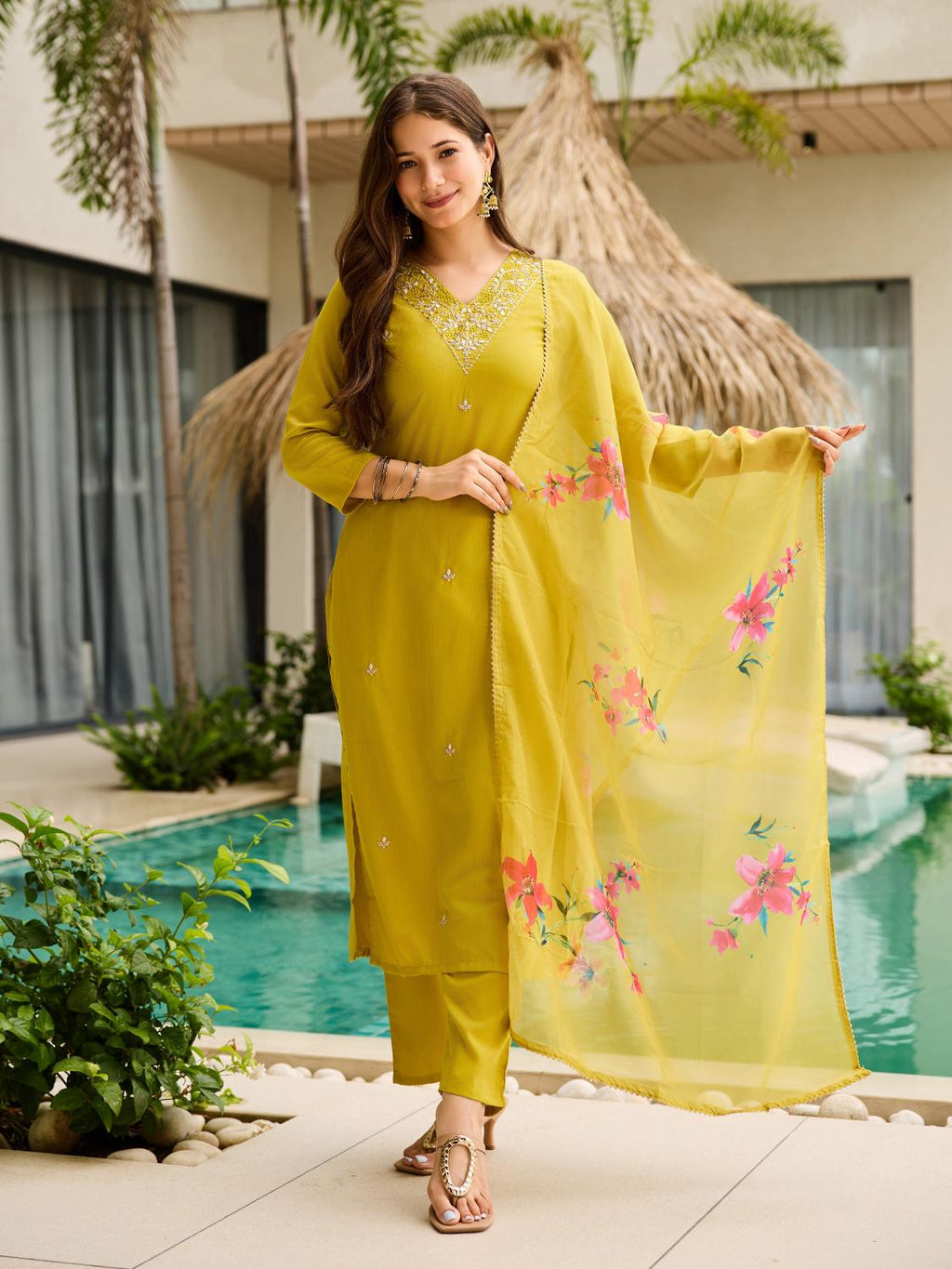 The52 Yellow Embroidered Rayon Slub Fabric Straight Kurta, Pant and Dupatta Set - Distacart