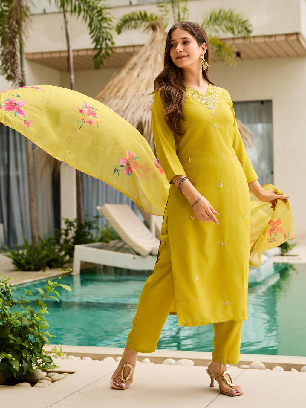 The52 Yellow Embroidered Rayon Slub Fabric Straight Kurta, Pant and Dupatta Set - Distacart