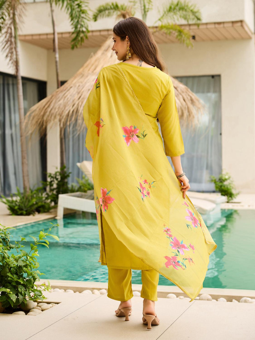The52 Yellow Embroidered Rayon Slub Fabric Straight Kurta, Pant and Dupatta Set - Distacart