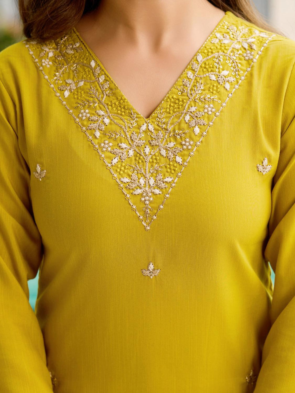 The52 Yellow Embroidered Rayon Slub Fabric Straight Kurta, Pant and Dupatta Set - Distacart
