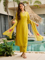 The52 Yellow Embroidered Rayon Slub Fabric Straight Kurta, Pant and Dupatta Set - Distacart