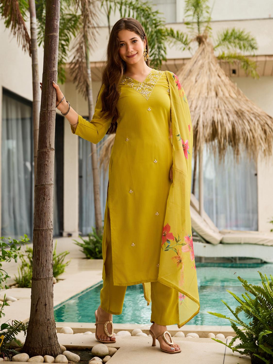 The52 Yellow Embroidered Rayon Slub Fabric Straight Kurta, Pant and Dupatta Set - Distacart