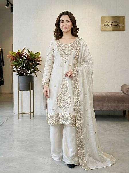 Teeya Creation White Color Gimmychu Silk Embroidery Work Wedding Wear Salwar Suit