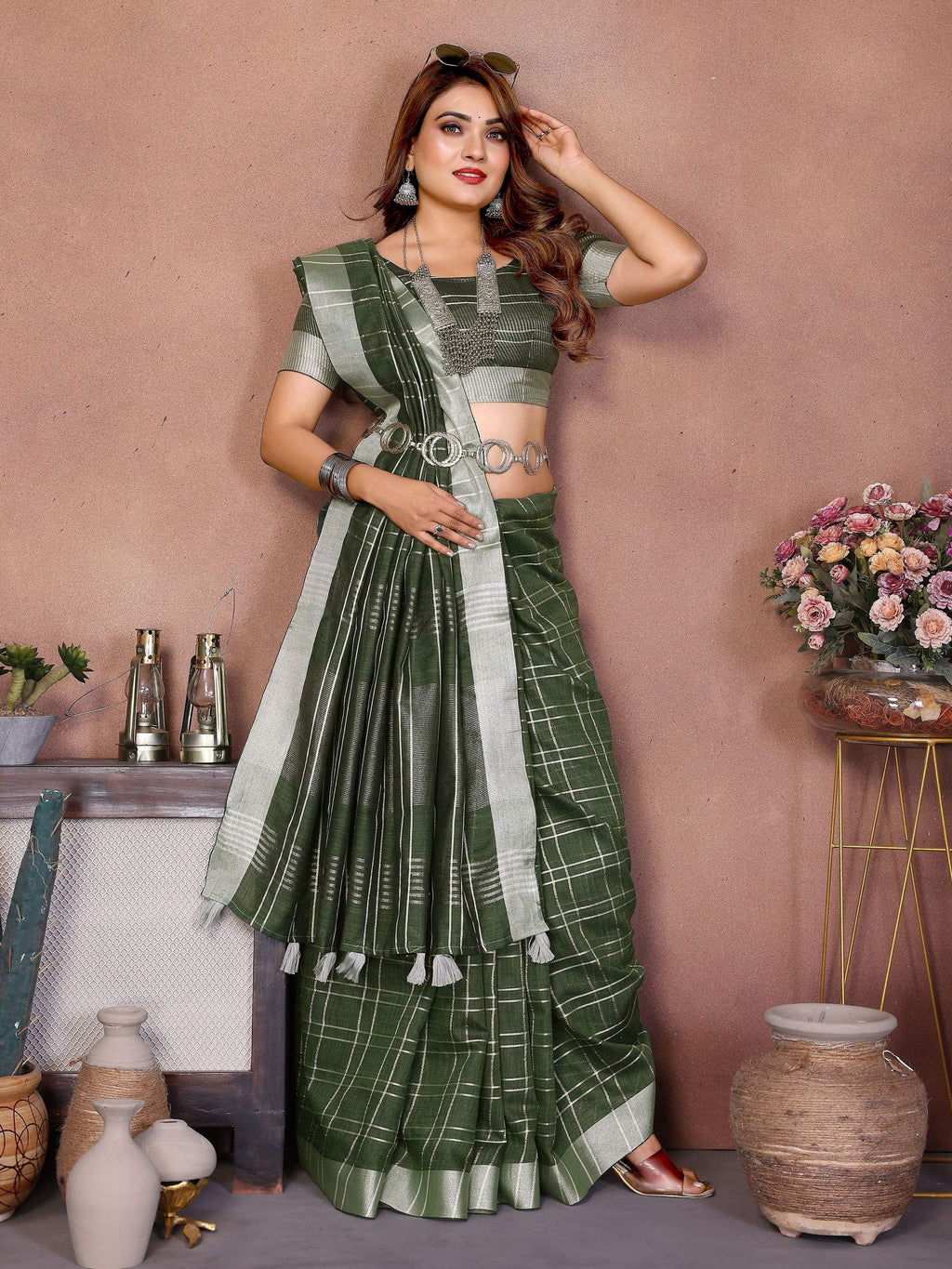 Aastha Fashion Mehndi Linen Weaving Saree - Distacart