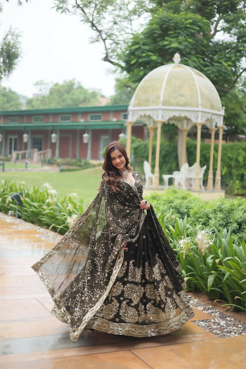 Vastranavya Designer Heavy Sequins & Thread Embroidered work Lehenga Choli - Olive Green