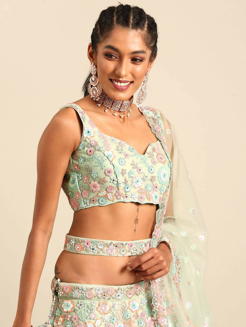 House of Panchhi Lime Green Net Sequins, Mirror and thread embroidery Lehenga choli & Dupatta