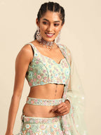 House of Panchhi Lime Green Net Sequins, Mirror and thread embroidery Lehenga choli & Dupatta