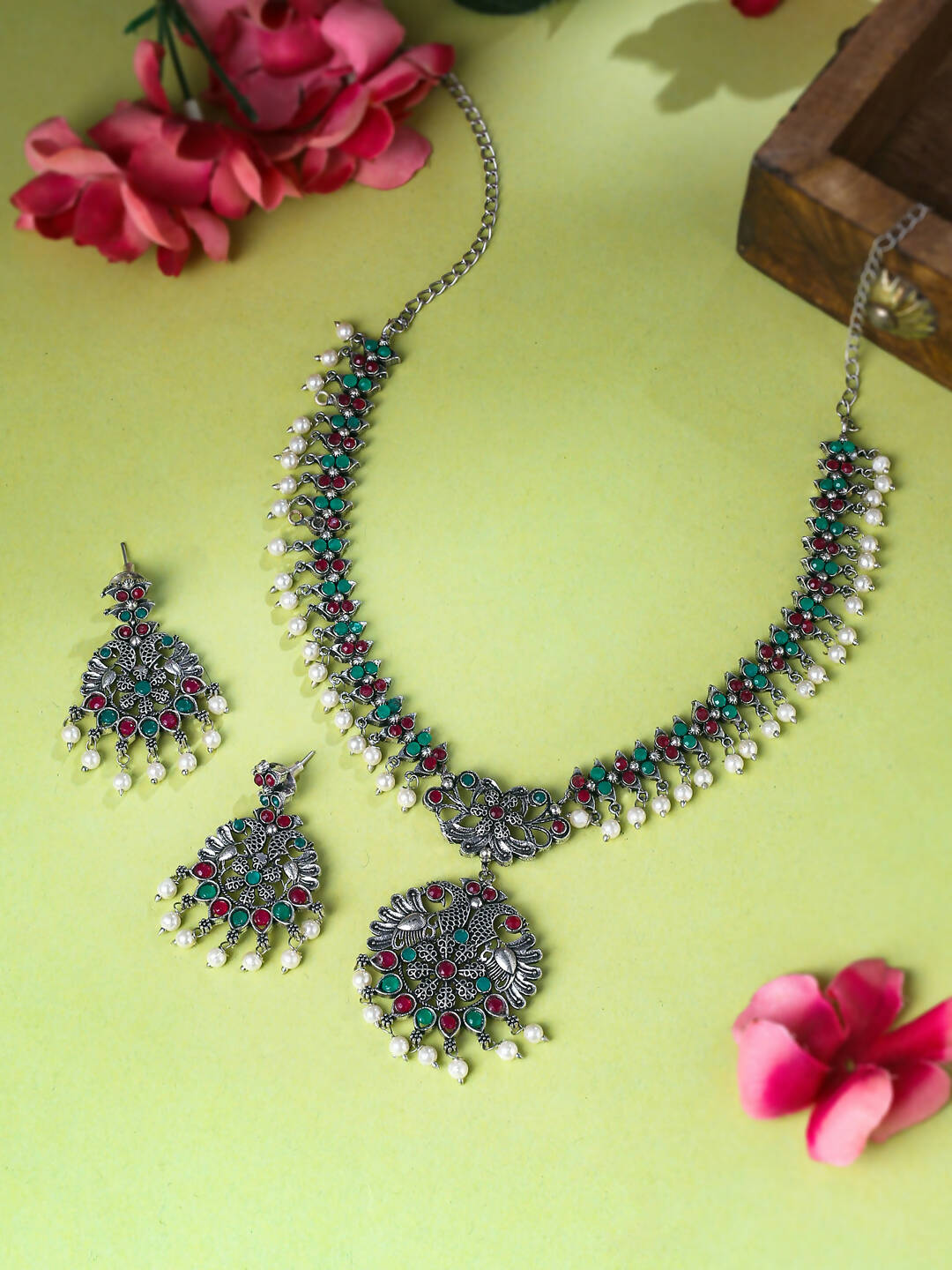 NVR Women Stone Studded Oxidised Silver Jewellery Set