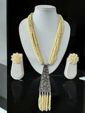 Inhanns Day-To-Dinner Tie Shaped Oxidized Black Metal Multi-Layered Long Necklace Set - Cream
