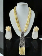 Inhanns Day-To-Dinner Tie Shaped Oxidized Black Metal Multi-Layered Long Necklace Set - Cream