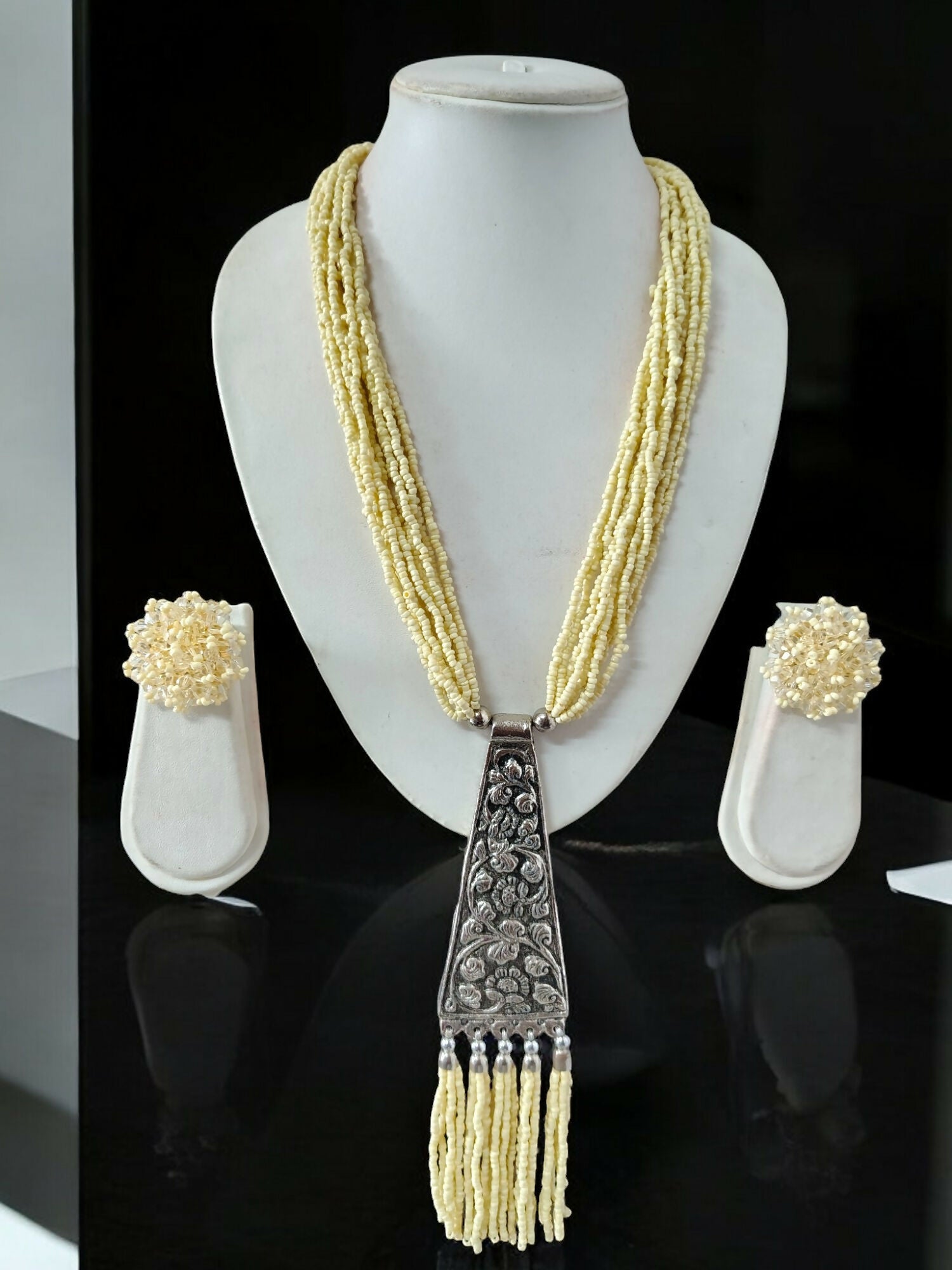 Inhanns Day-To-Dinner Tie Shaped Oxidized Black Metal Multi-Layered Long Necklace Set - Cream