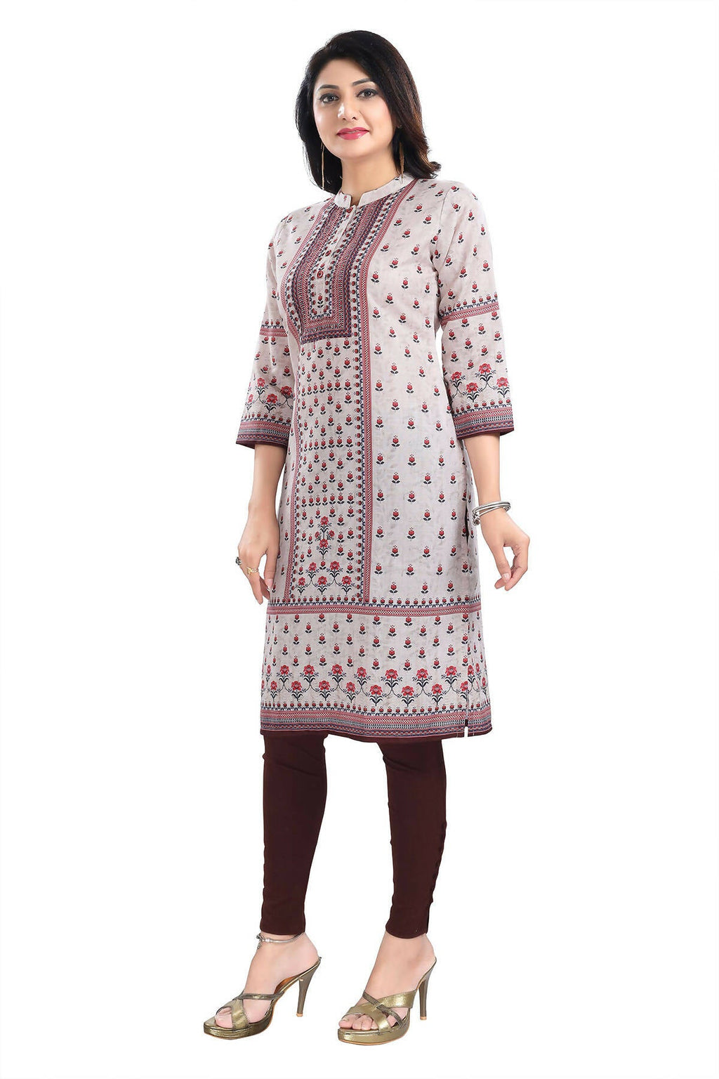 Snehal Creations Charming Cream Digital Print Cotton Slub Long Kurti Tunic - Distacart