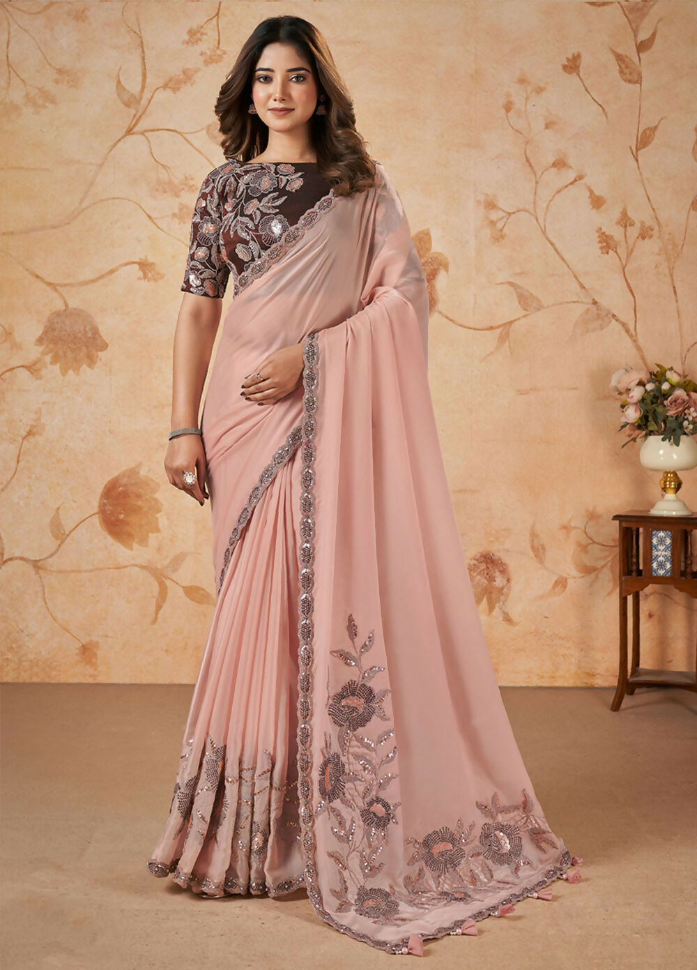 Peach Crepe Satin Silk Thread, Sequence, Cord Embroidered with Stone Work Saree - Mohmanthan Dakshika