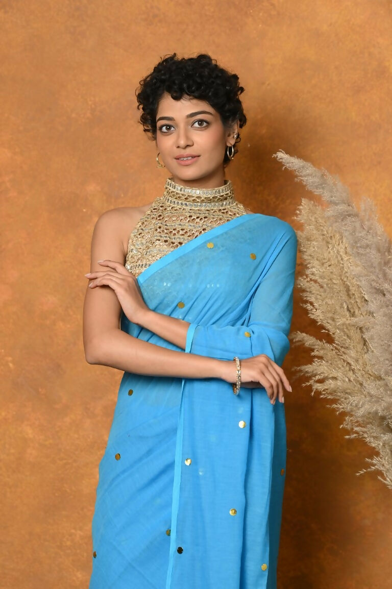 Very Much Indian Pure Mul Cotton Handloom Saree - Sky Blue - Distacart