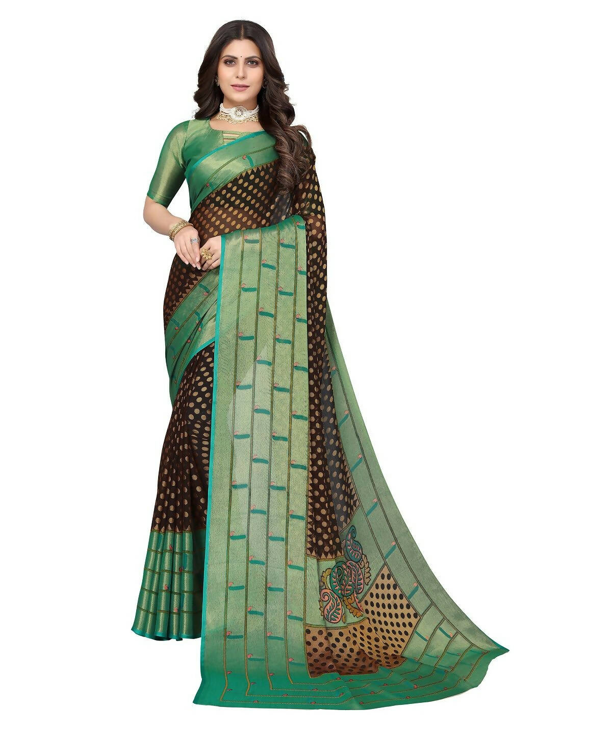 Vamika Black Chiffon Brasso Bollywood Style Woven Saree (DIMPLE BLACK) - Distacart