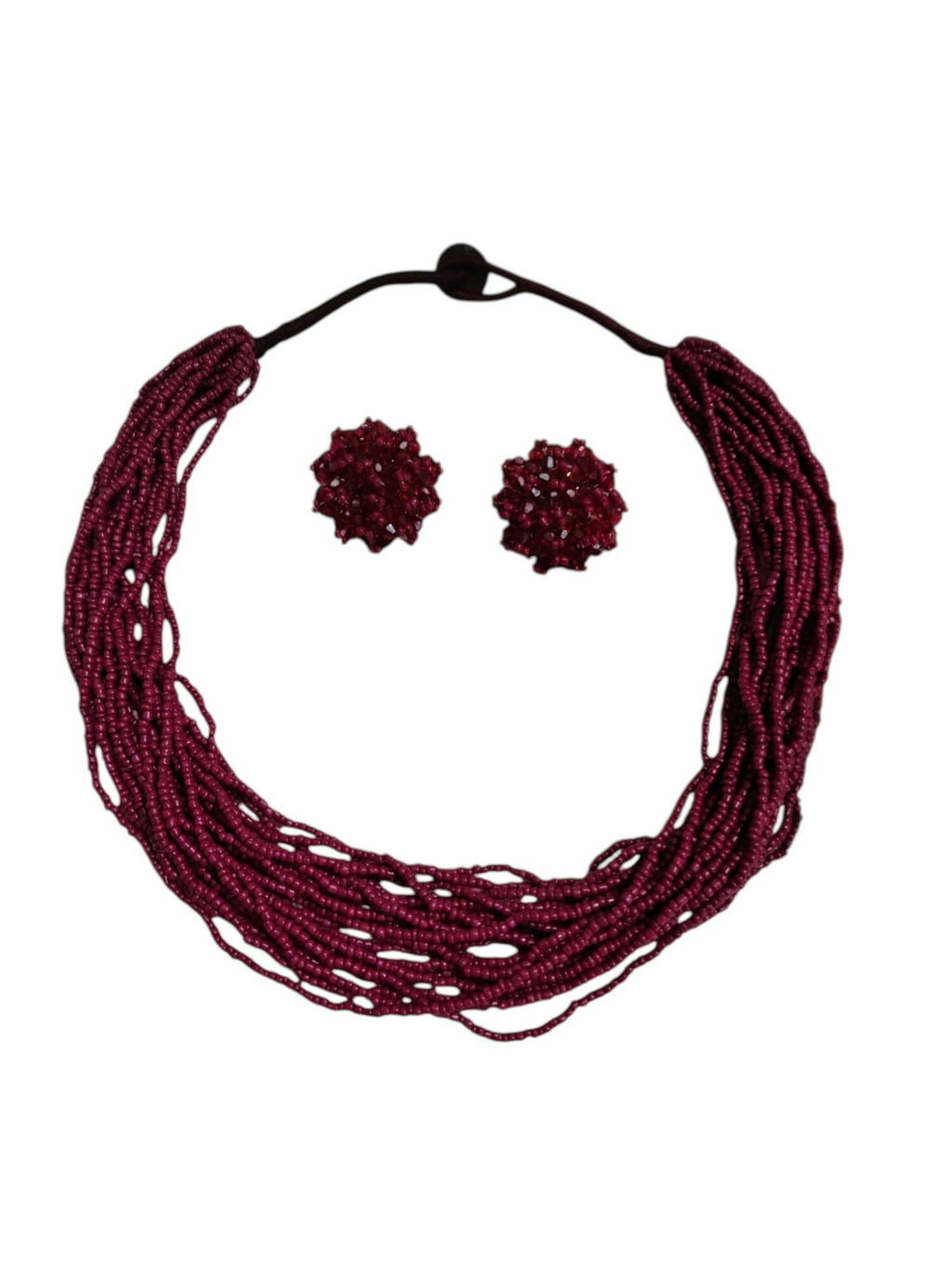 Inhanns Vibrant Handmade 20 Layers Beaded Necklace With Matching Earrings - Wine
