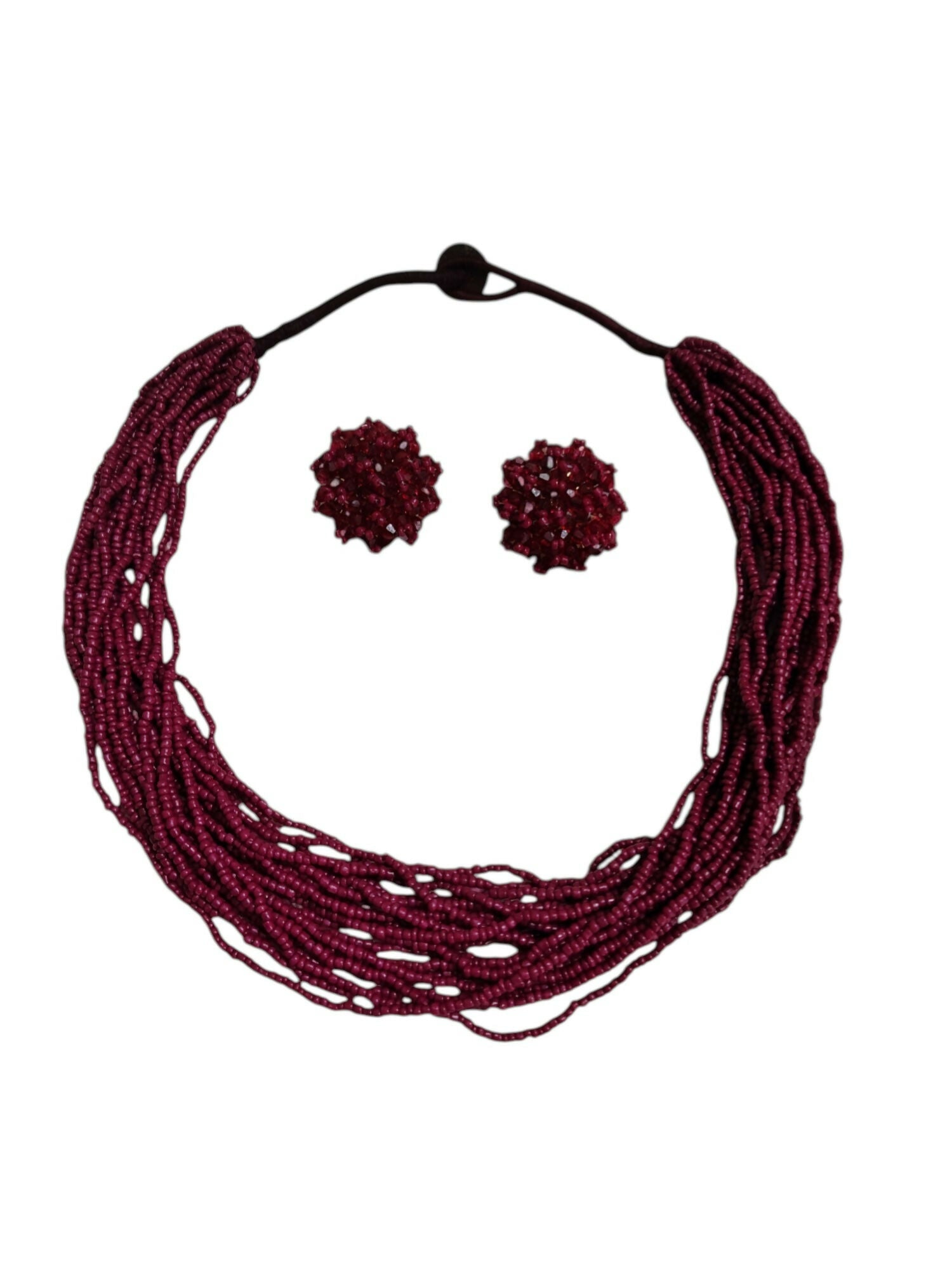 Inhanns Vibrant Handmade 20 Layers Beaded Necklace With Matching Earrings - Wine
