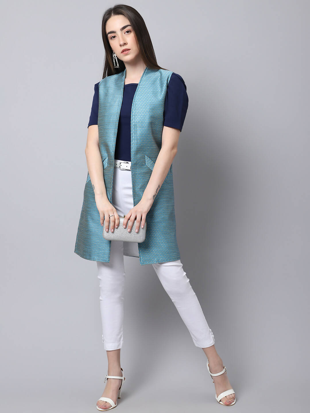 Even Apparels Blue Bansari Silk Open Front Women's Long Coat - Distacart