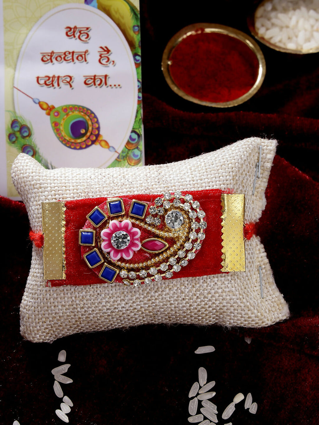 NVR Men Red Stone-Studded Rakhi With Roli Chawal - Distacart