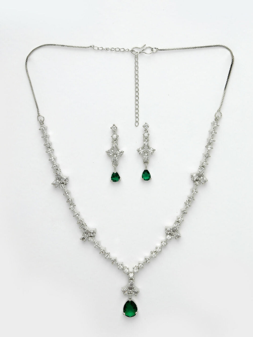 NVR Women's Silver-Plated Green American Diamond Studded Jewellery Set