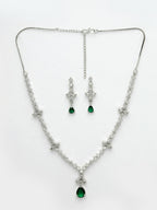 NVR Women's Silver-Plated Green American Diamond Studded Jewellery Set