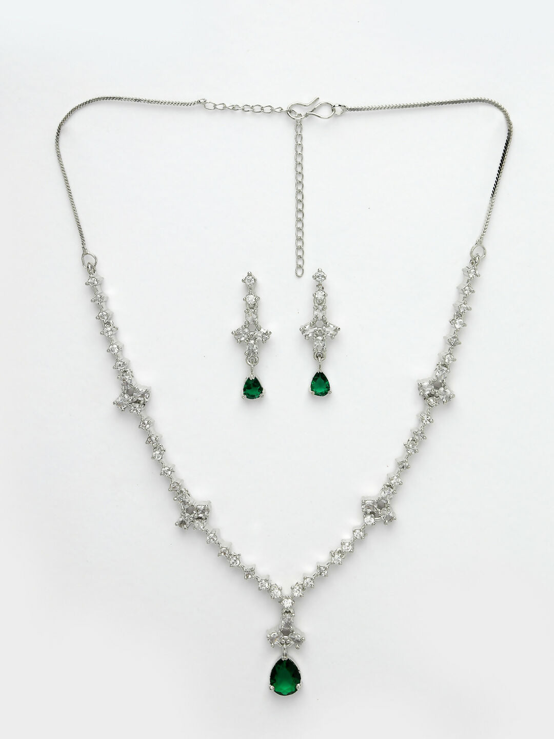 NVR Women's Silver-Plated Green American Diamond Studded Jewellery Set