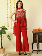 Myshka Women's Red Georgette Top & Palazzos With Dupatta Party Sets