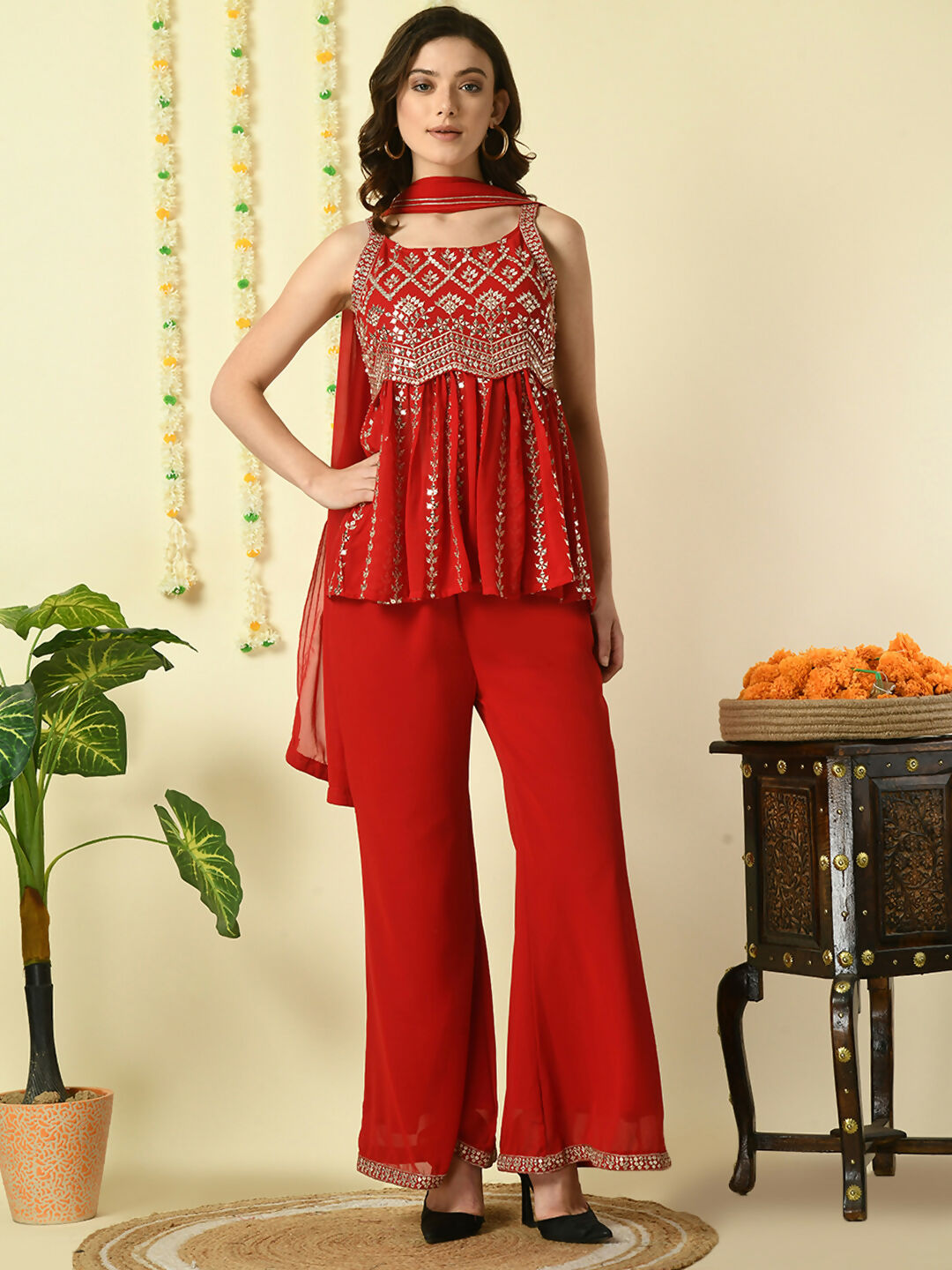 Myshka Women's Red Georgette Top & Palazzos With Dupatta Party Sets