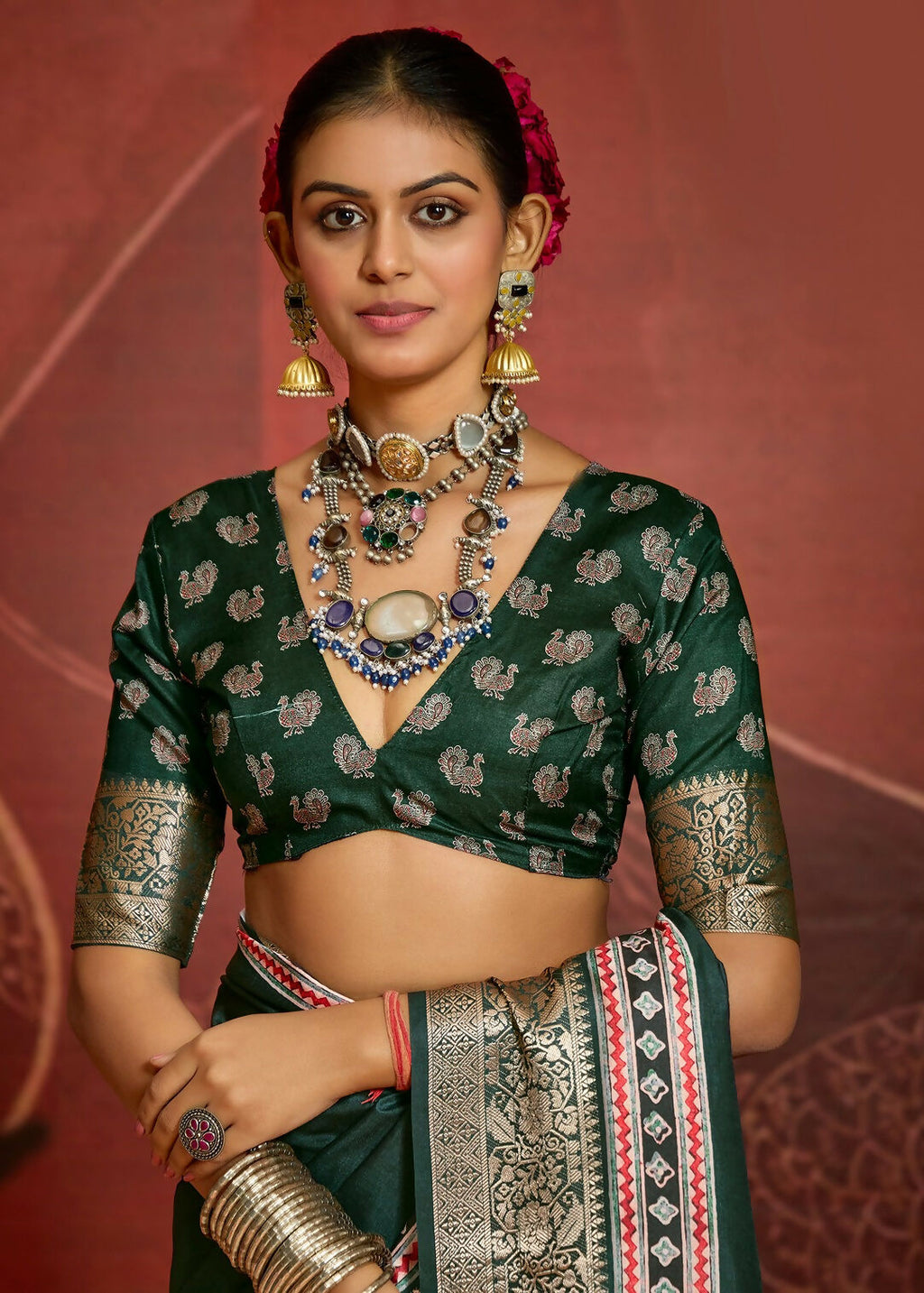 Joban Fashion Green Art Silk With Fine Viscose Border Ajrak Full Body Print With Soft Finish Saree - Distacart