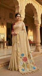 Vastranavya Cream Muga Cotton Meenakari & Azarakh Pallu Saree with Contrast Blouse - Distacart