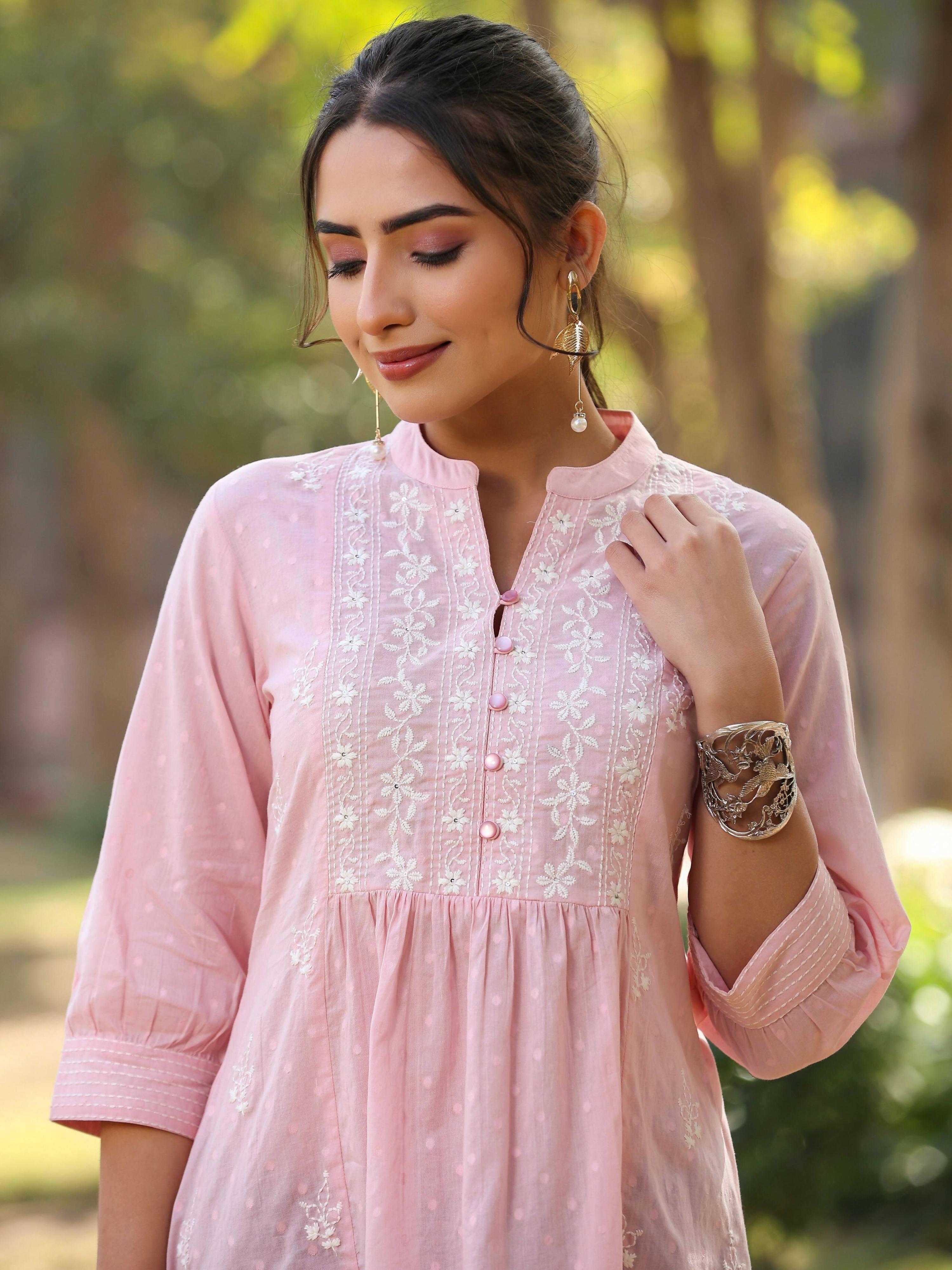 Juniper Women's Pink Cotton Solid With Embroidered Straight Tunic - Distacart