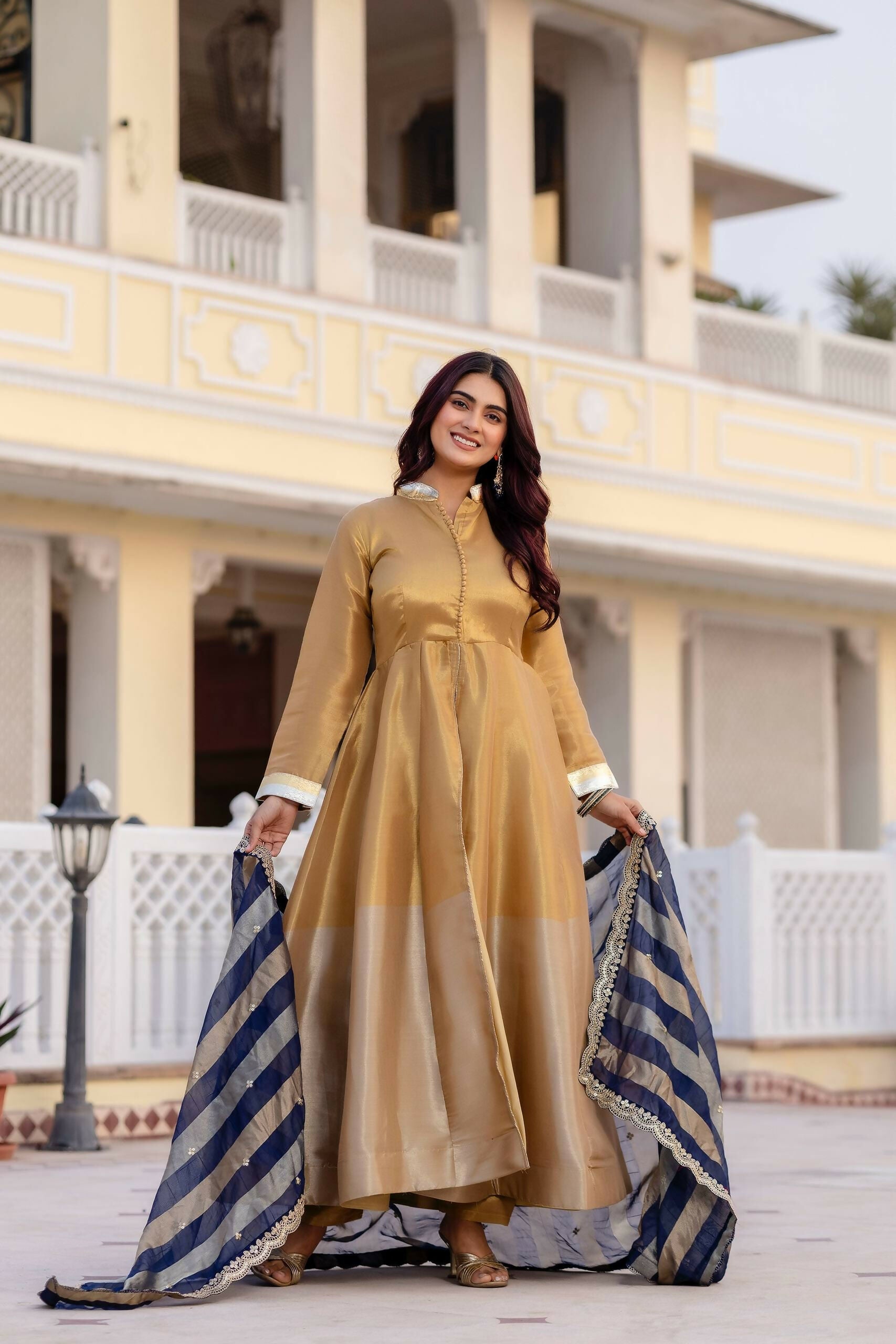 Teeya Creation Multi Color Pure Banarasi Viscose Wedding Wear Long Gown - Distacart