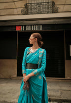 Firozi Blue Weavead Thread & Zari Work, Handloom Weaving Banarasi Satin Silk Saree - Rajtex Kronicle Silk