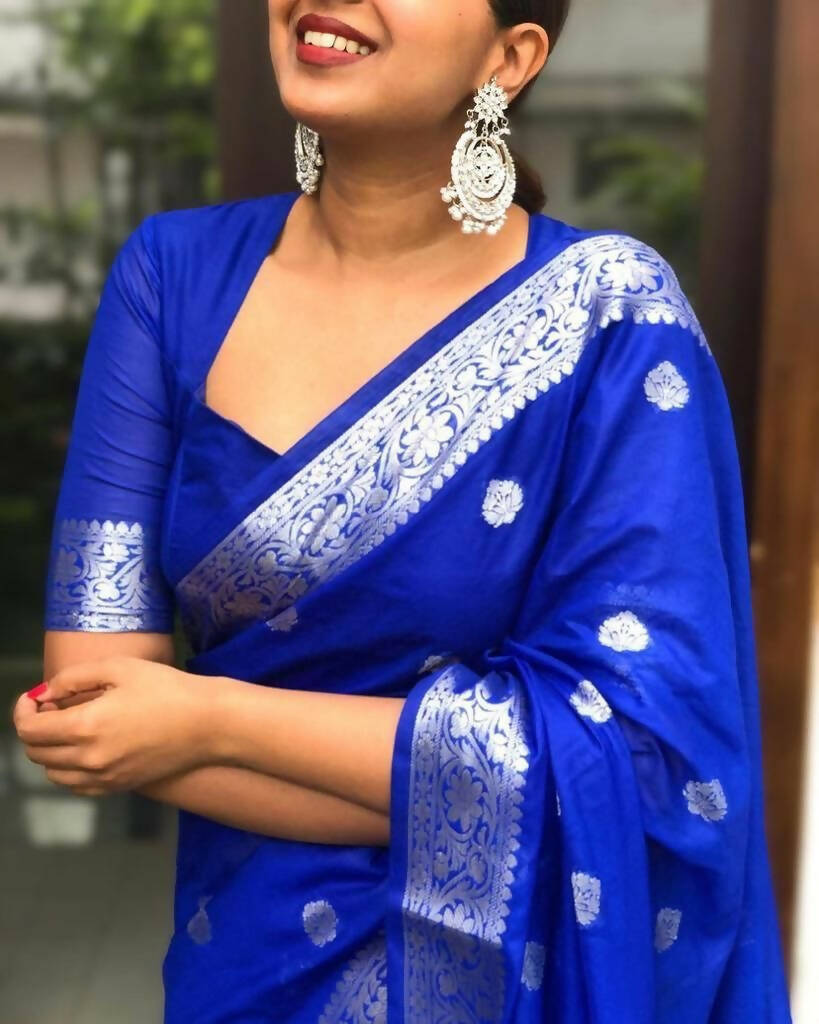 DEIANA'S Beautiful Designer Golden zari Soft Lichi Silk Saree - Royal Blue