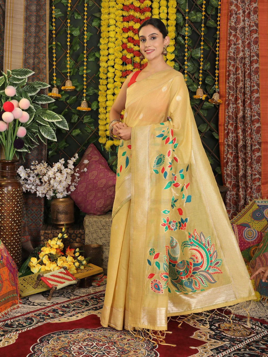 Shree Shyam Fashion Linen Cotton Yellow Saree - Distacart