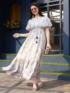 Off white Rayon Foil Printed Long Dress - Michan - Distacart