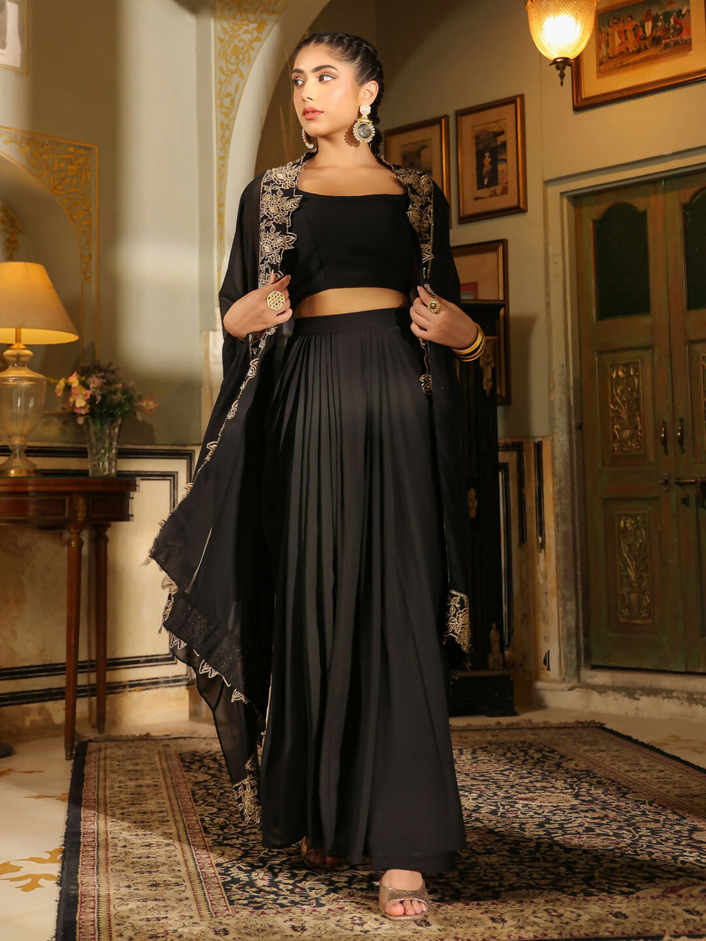 Janasya Black Georgette Solid Top Bottom Cape