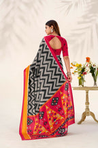 Vastranavya Black Tussar Silk Zigzag Waves Printed Saree with Unstitched Blouse - Distacart
