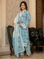 Yufta Light Blue Floral Print Straight Pakistani Style Kurta Trouser And Dupatta Set