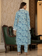 Yufta Light Blue Floral Print Straight Pakistani Style Kurta Trouser And Dupatta Set