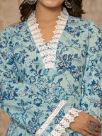 Yufta Light Blue Floral Print Straight Pakistani Style Kurta Trouser And Dupatta Set