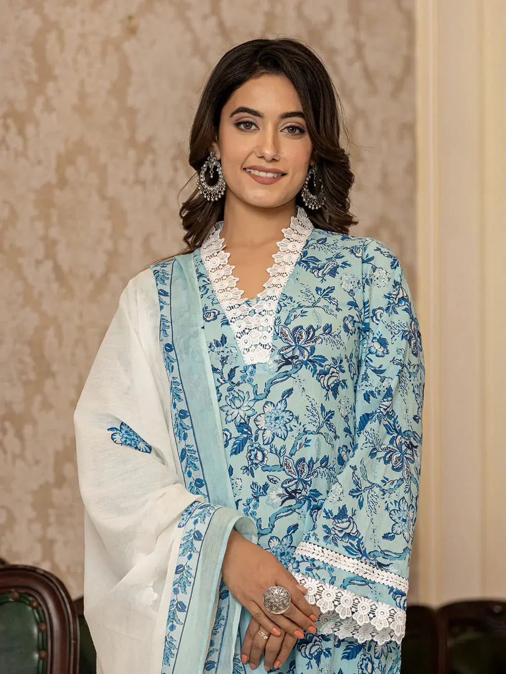 Yufta Light Blue Floral Print Straight Pakistani Style Kurta Trouser And Dupatta Set